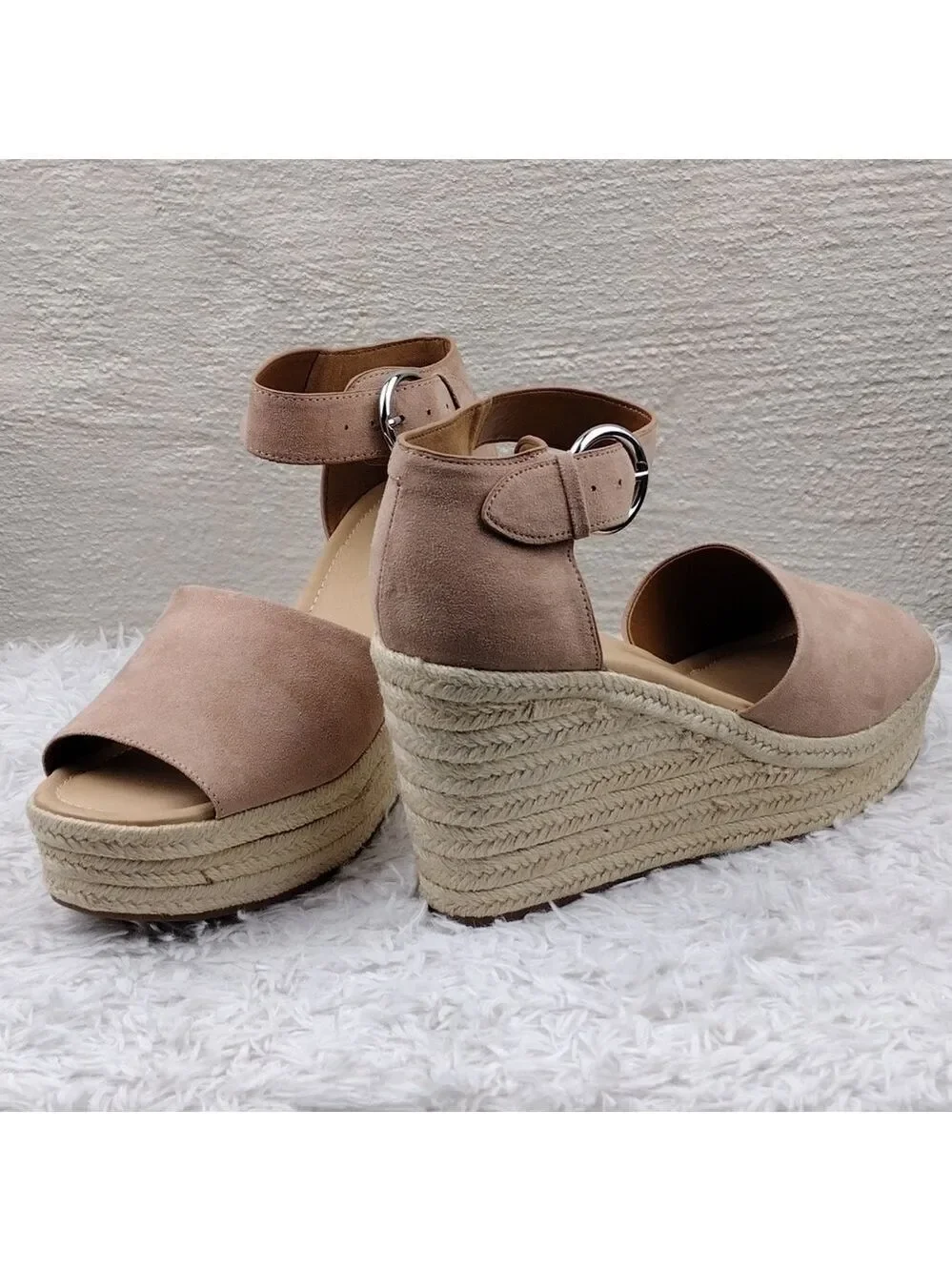NINE West Adell Pink Faux Suede Open Toe Ankle Strap Platform Wedge Espadrilles